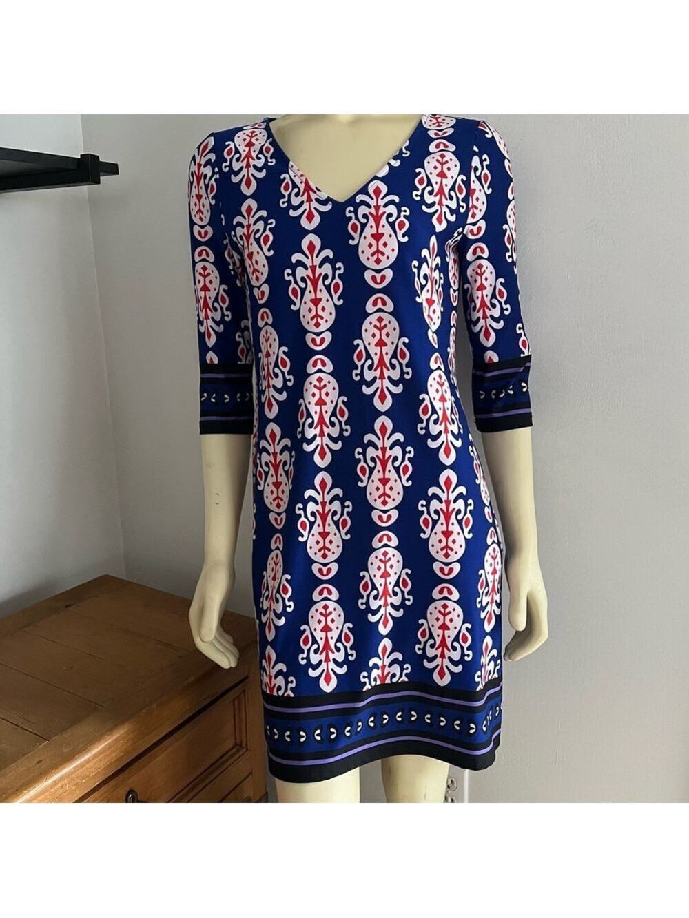 Tracy Negoshian Emily 3/4 Sleeve V-Neck Dress Bollywood Blue White Geometric S